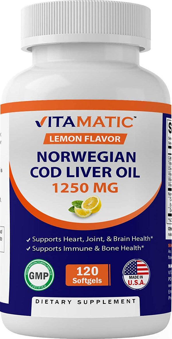 Vitamatic Norwegian Cod Liver Oil 1250mg 120 Softgels (Lemon Flavor) - Promotes Cardiovascular Health