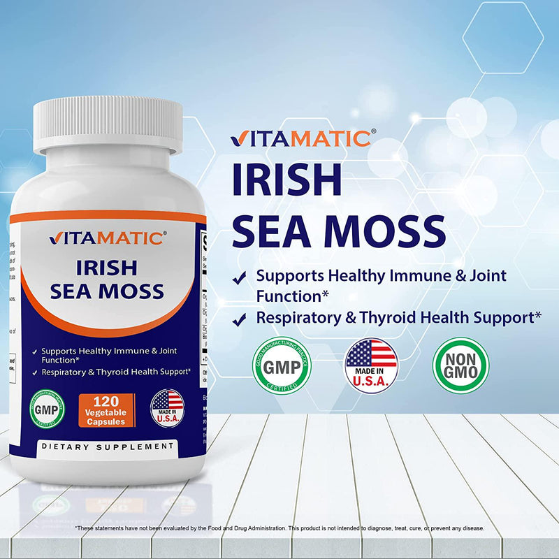 Vitamatic Organic Irish Sea Moss 120 Vegetarian Capsules - Made with Organic Bladderwrack and Organic Burdock Root - Seamoss Supplement for Thyroid, Energy, Immune Support