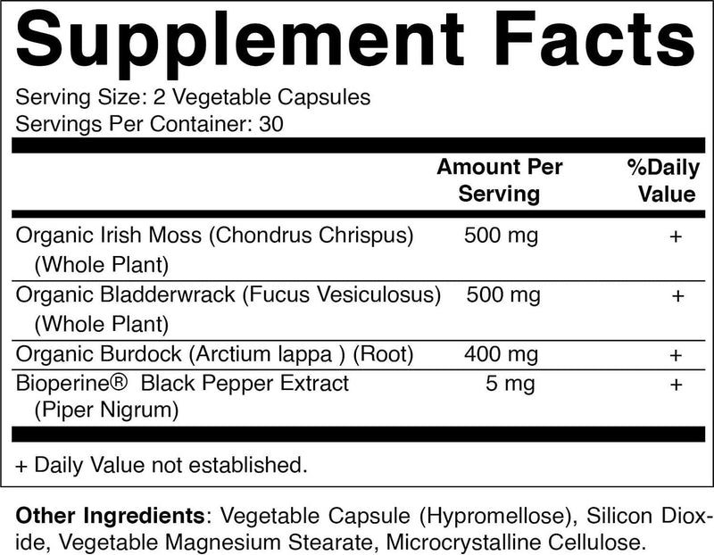Vitamatic Organic Irish Sea Moss 120 Vegetarian Capsules - Made with Organic Bladderwrack and Organic Burdock Root - Seamoss Supplement for Thyroid, Energy, Immune Support