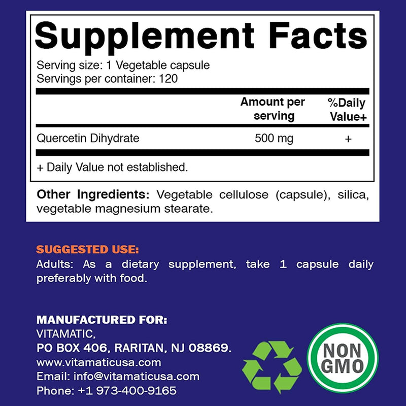 Vitamatic Quercetin 500 mg, 120 Vegetarian Capsules (Non-GMO, Gluten Free, Vegan) - Supports Cardiovascular Health, Helps Improve Anti-Inflammatory and Immune Response,
