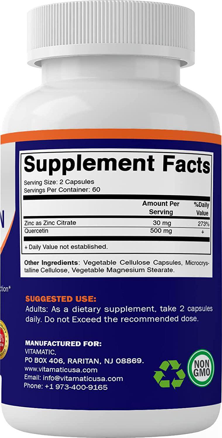 Vitamatic Zinc Quercetin - 120 Vegetarian Capsules - Zinc as Zinc Citrate 30mg and Quercetin Dihydrate 500 mg per serving - Immune Support