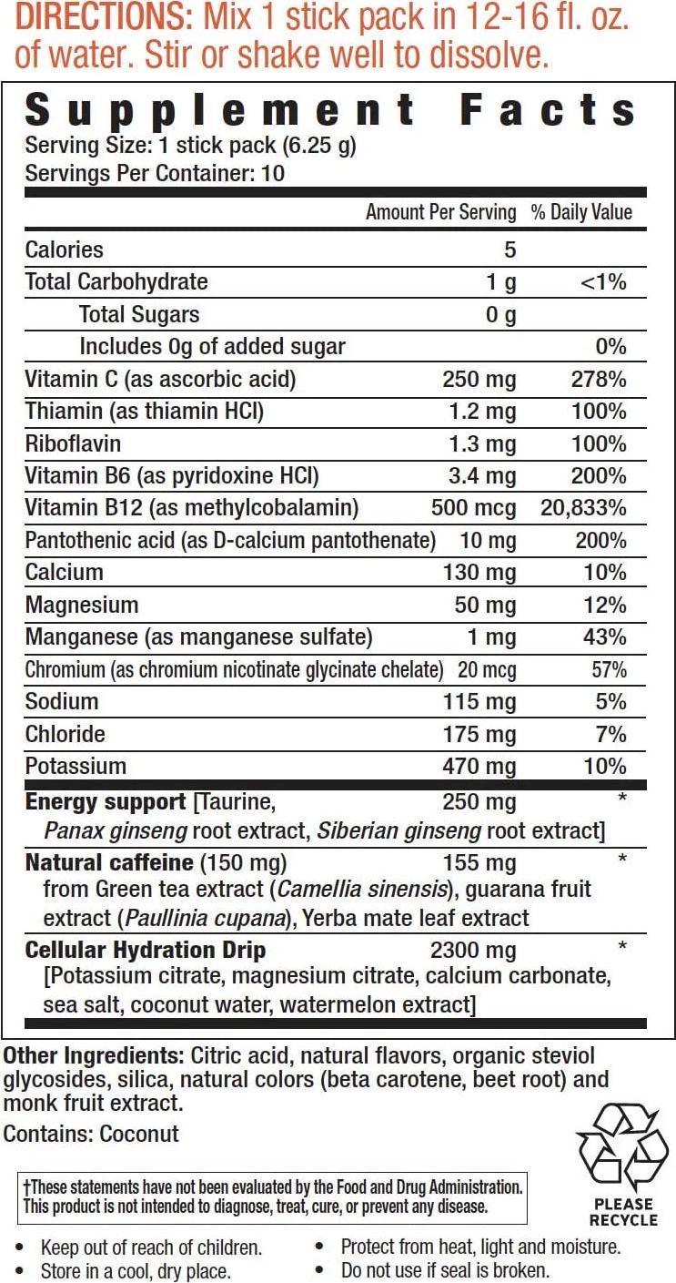VitaminHydrate, Hydration Powder, Electrolyte Supplement Drink Mix, Single Serving, Orange, Zero Sugar, 10.0 Count