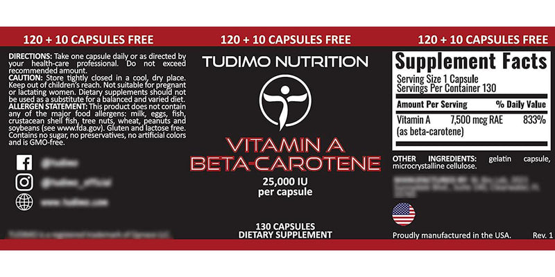 Vitamin A Beta-Carotene 25 000 IU 130 pcs (4+ Month Supply) of Rapidly Disintegrating Capsules, Each with 15 mg of Premium Quality Beta-Carotene Powder, by TUDIMO