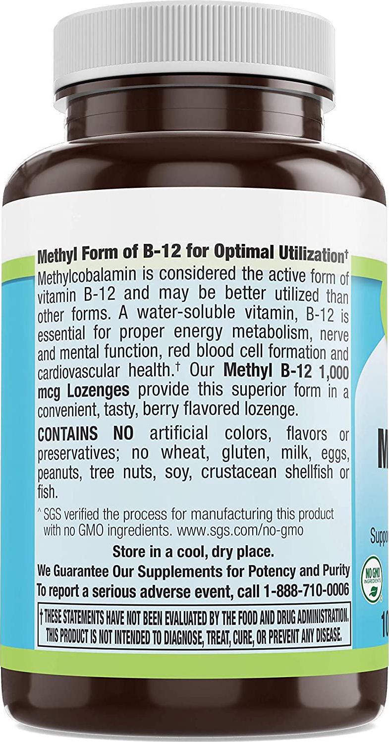 Vitamin B12 - 1000 MCG Supplement with Methylcobalamin (Methyl B-12) Wild Berry Vitamin B 12 Support to Help Boost Natural Energy and Metabolism, Benefit Brain and Healthy Heart Function -100 Lozenges