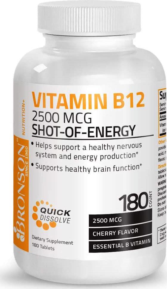 Vitamin B12 2500mcg Shot Of Energy Fast Dissolve Chewable Tablets - Quick Release Cherry Flavored Sublingual B12 Vitamin - Supports Nervous System, Healthy Brain Function Energy Production 180 Count
