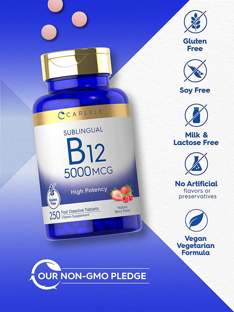 Vitamin B12 5000mcg | 250 Fast Dissolve Tablets | Natural Berry Flavor | Vegetarian, Non-GMO, Gluten Free | by Carlyle