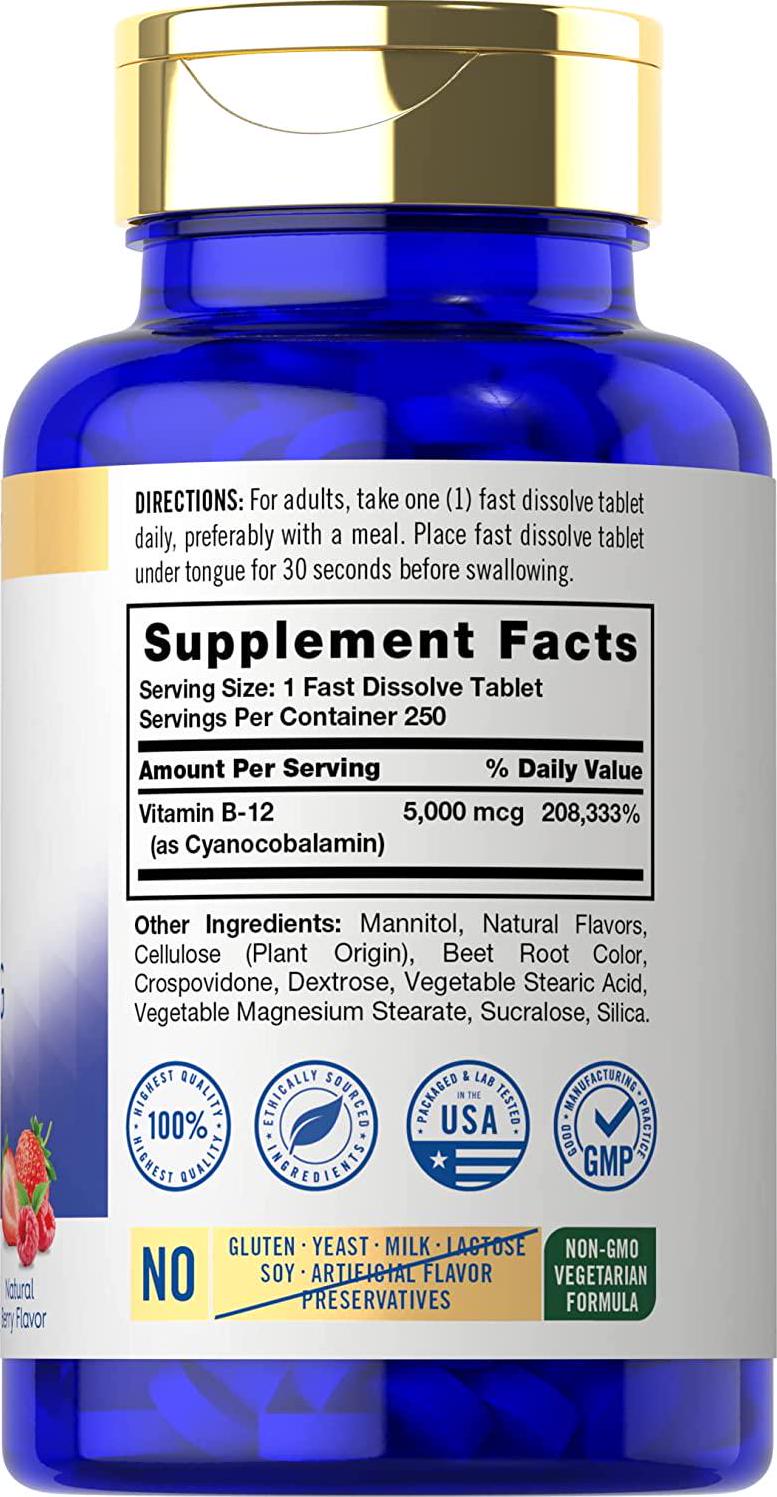 Vitamin B12 5000mcg | 250 Fast Dissolve Tablets | Natural Berry Flavor | Vegetarian, Non-GMO, Gluten Free | by Carlyle
