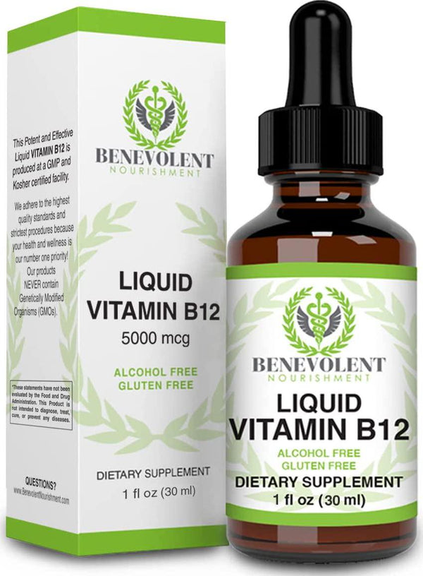 Vitamin B12 Liquid Drops - Potent and Effective 5000 mcg per Serving. Fast Absorbing Sublingual Formula - Delicious Raspberry Flavored Dietary Supplement for All Family- 100% Alcohol and Gluten Free
