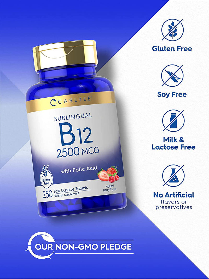 Vitamin B12 Sublingual 2500 mcg | 250 Fast Dissolve Tablets | Cyanocobalamin Supplement with Folic Acid for Adults | Natural Berry Flavor | Vegetarian, Non-GMO, and Gluten Free | by Carlyle