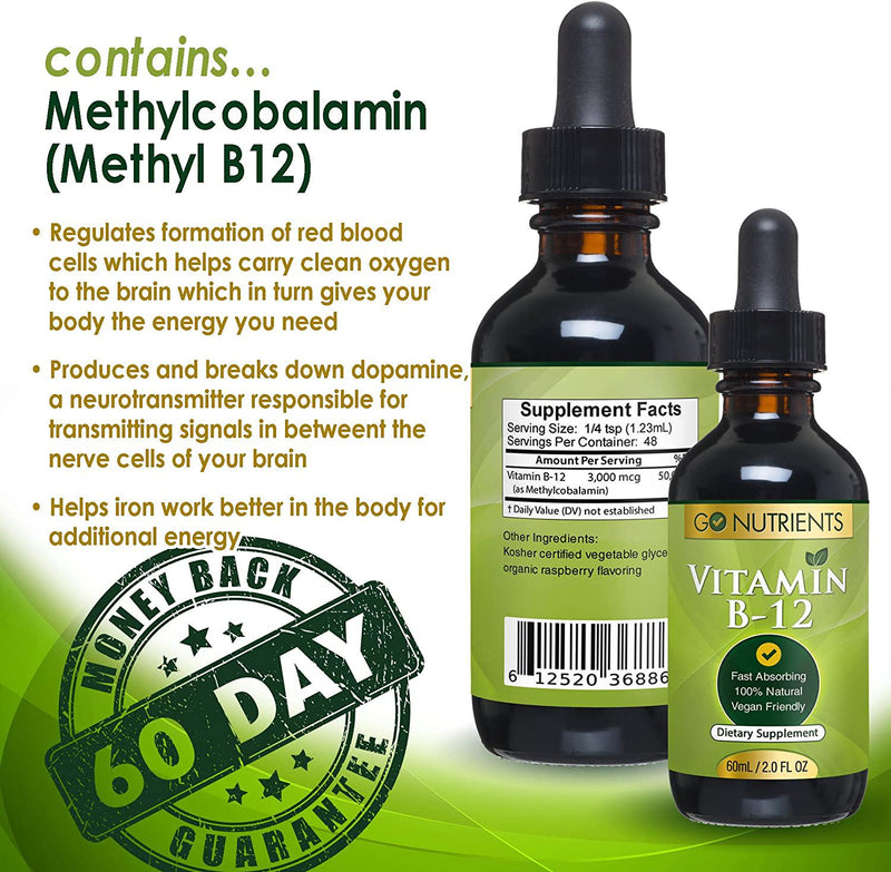 Vitamin B12 Sublingual Liquid Drops - Methylcobalamin 3000 mcg - Best Supplement to Increase Energy, Enhance Mood, Sharpen Focus and Boost Metabolism - Liquid Form for Fast Absorption, Vegan - 2 oz