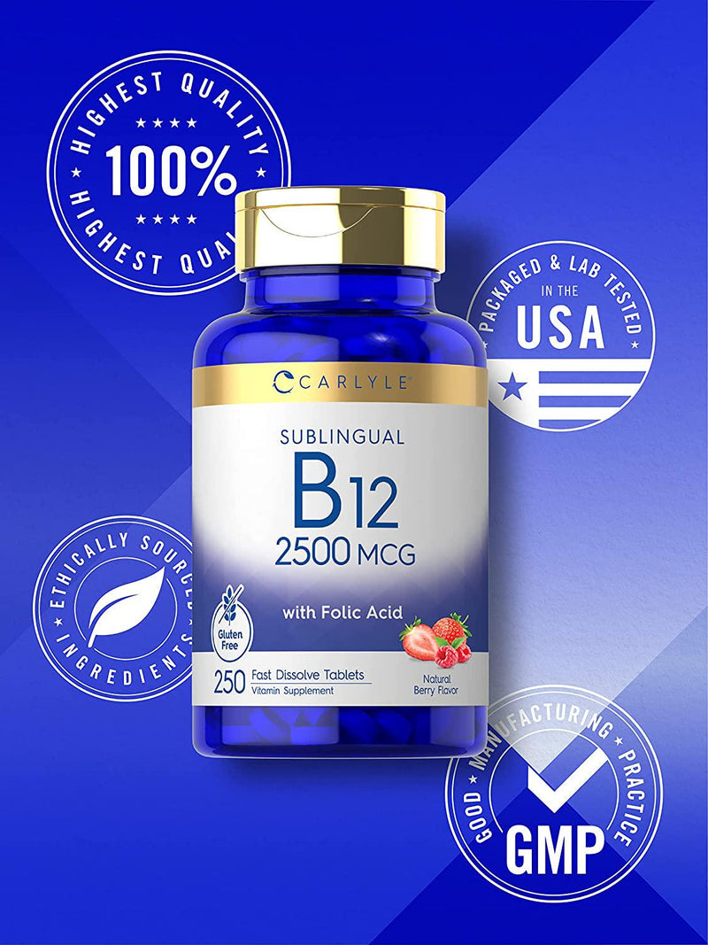 Vitamin B12 Sublingual 2500 mcg | 250 Fast Dissolve Tablets | Cyanocobalamin Supplement with Folic Acid for Adults | Natural Berry Flavor | Vegetarian, Non-GMO, and Gluten Free | by Carlyle