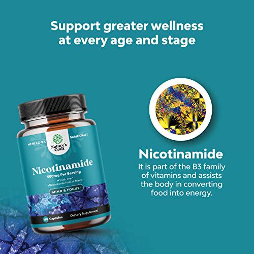 Vitamin B3 Nicotinamide 500mg Capsules - Mitochondrial Energy and Anti Aging Skin Supplement - AKA Vitamin B3 Niacin 500mg Flush Free and Niacinamide 500mg - Flush Free Niacin Supplement - 180 Count