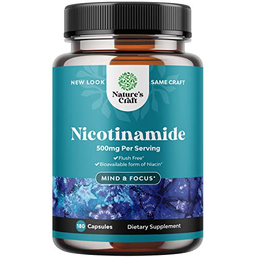 Vitamin B3 Nicotinamide 500mg Capsules - Mitochondrial Energy and Anti Aging Skin Supplement - AKA Vitamin B3 Niacin 500mg Flush Free and Niacinamide 500mg - Flush Free Niacin Supplement - 180 Count