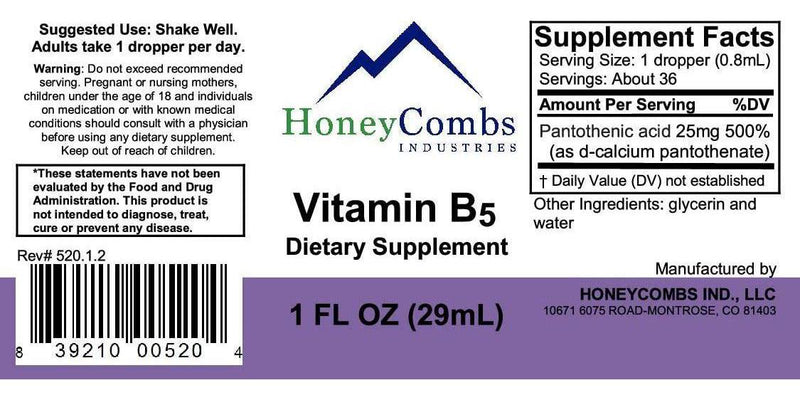 Vitamin B5 Pantothenic Acid by HoneyCombs Industries, Alcohol-Free Liquid Extract Maintain Healthy Hormones, Support Heart Health, Help Keep Skin and Hair Healthy and Support Immune System
