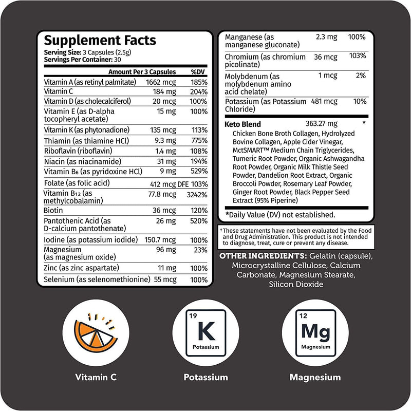 Vitamin Bounty Tune Your Keto Ketogenic Multivitamin + Electrolytes with Vitamin C, Magnesium, Collagen, Potassium, MCT, Daily Vitamins for Women and Men, Energy Support, 90 Capsules