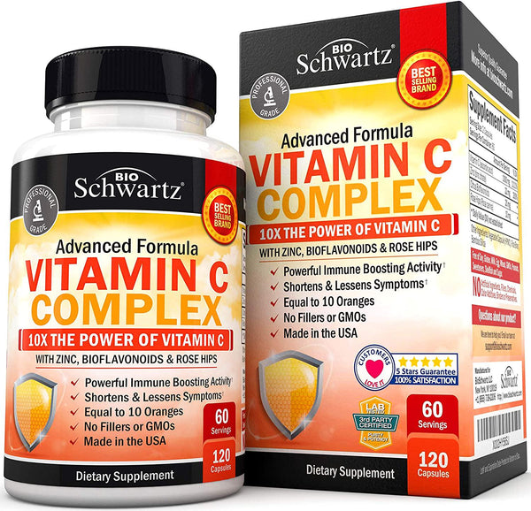 Vitamin C 1000mg Capsules with Zinc, Rose Hips and Bioflavonoids - Supplement with 10x The Power of Vitamin C - Shortens and Lessens Symptoms - Equal to 10 Oranges - 120 Capsules