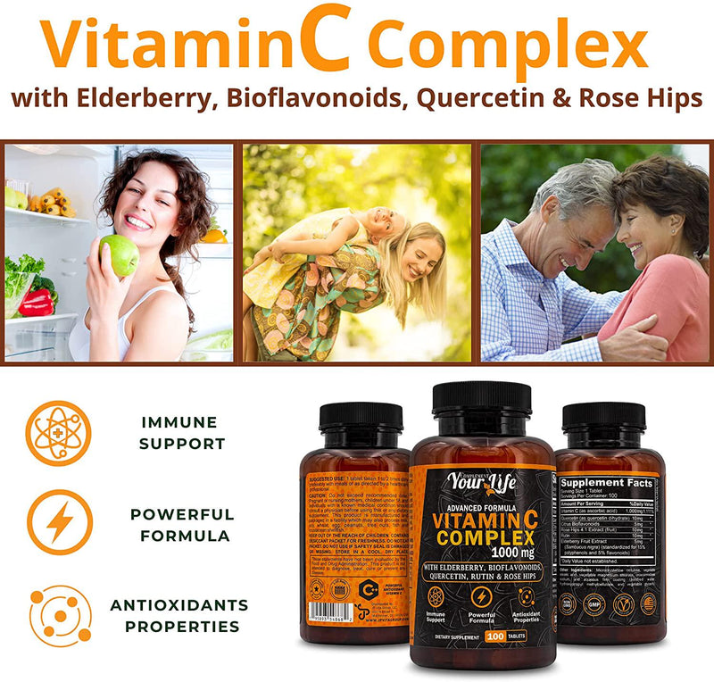 Vitamin C 1000mg Complex with Elderberry, Citrus Bioflavonoids, Quercetin, Rutin and Rose Hips | Immune Support and Antioxidants Supplement | 6 in 1 |100 Tablets, Non-GMO, All Natural