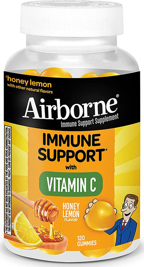 Vitamin C 200mg (per Serving) Airborne Honey Lemon Gummies (120 Count in a Bottle), Gluten Free Immune Support Supplement with Vitamins A C D E, Zinc, Selenium, Echinacea, Ginger, Antioxidants