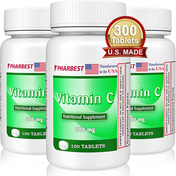 Vitamin C 500mg Tablets 100 Ct [Made in USA] | Premium Immune System Booster, Fresh Natural Supplement | Compare to Emergency C, Ester C | Vitamins C Immune Support, Pharbest by Ulai (3 Bottles)