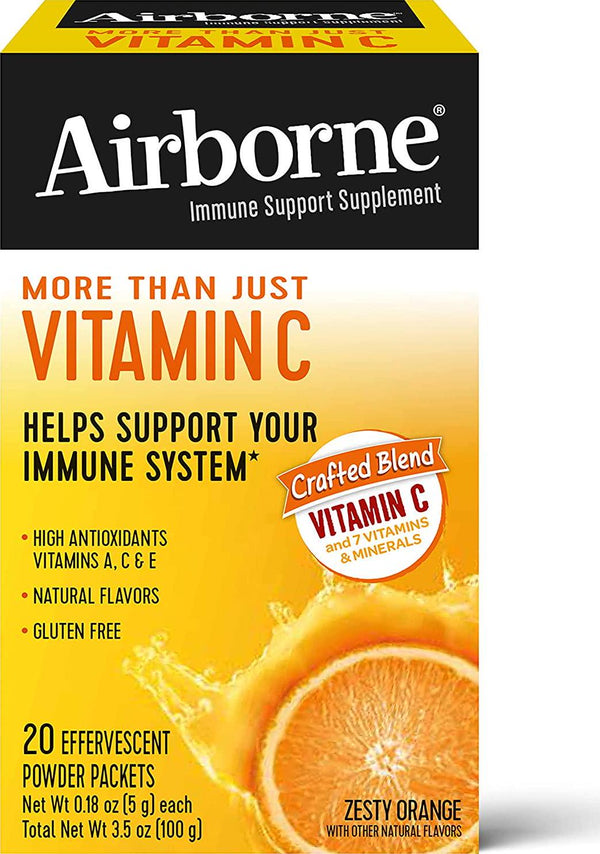 Vitamin C Blend, Airborne Zesty Orange Effervescent Powder Packs (20 count in box), On The Go Gluten Free Immune Support Supplement, With Other Natural Flavors and Antioxidants (Vitamins A, C and E)
