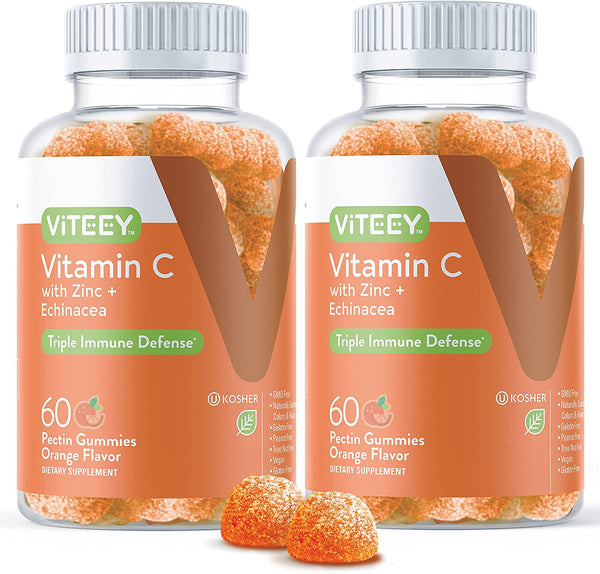 Vitamin C Gummies Plus Zinc and Echinacea [3 in 1 Immune Support Booster] Herbal Dietary Supplements, Vegan, Plant Based Pectin - Good for Adults Teens and Kids - Orange Flavor Gummy [60 Count 2-Pack]