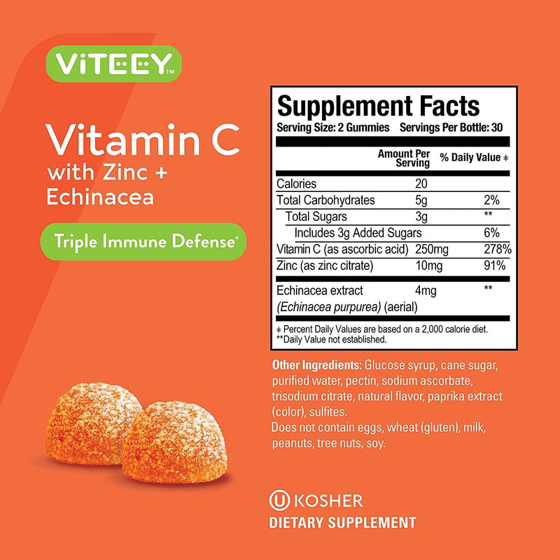 Vitamin C Gummies Plus Zinc and Echinacea [3 in 1 Immune Support Booster] Herbal Dietary Supplements, Vegan, Plant Based Pectin - Good for Adults Teens and Kids - Orange Flavor Gummy [60 Count 2-Pack]