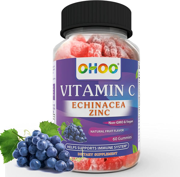 Vitamin C Gummies + Zinc and Echinacea Herbal Dietary Supplements, Non-GMO, Vegan, Plant Based Pectin - Support Immune System for Adults Teens and Kids - Grape Flavor Gummy [60 Count 2-Pack]