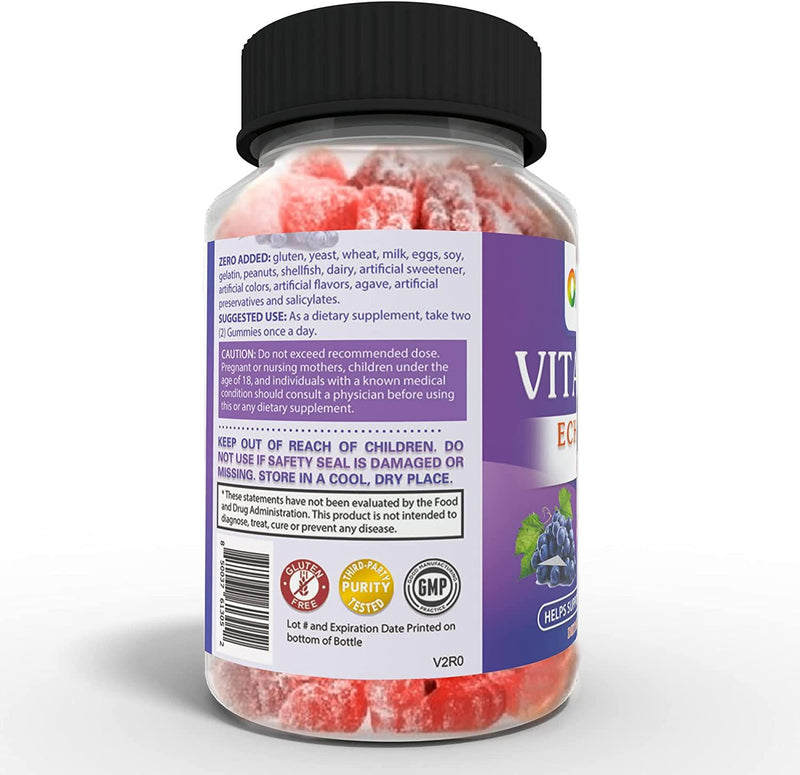 Vitamin C Gummies + Zinc and Echinacea Herbal Dietary Supplements, Non-GMO, Vegan, Plant Based Pectin - Support Immune System for Adults Teens and Kids - Grape Flavor Gummy [60 Count 2-Pack]
