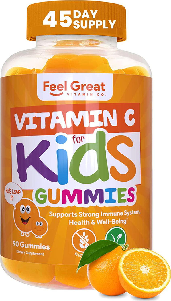 Vitamin C Gummies for Kids by Feel Great 365 (45 Servings), 90 Orange Flavored Gummies - Immunity Support, Plant-Based, Gluten Free, Non GMO, Pectin Based