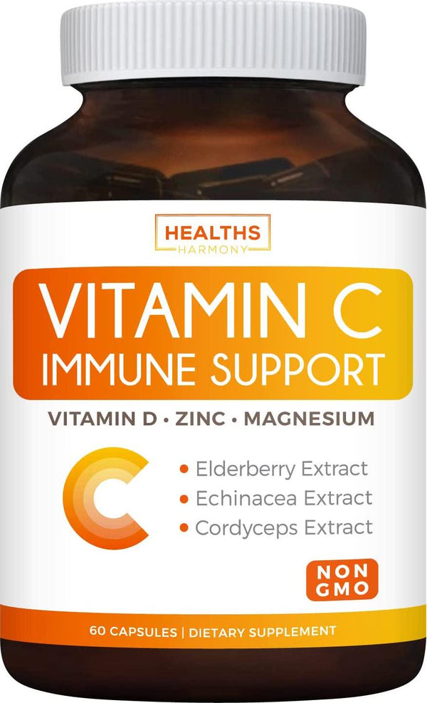 Vitamin C Immune Support with Vitamin D, Zinc, Elderberry and Echinacea (Non-GMO) Immunity Booster Supplement - VIT C 500mg - 60 Vegetarian Capsules (No Pills, Tablets, or Gummies)
