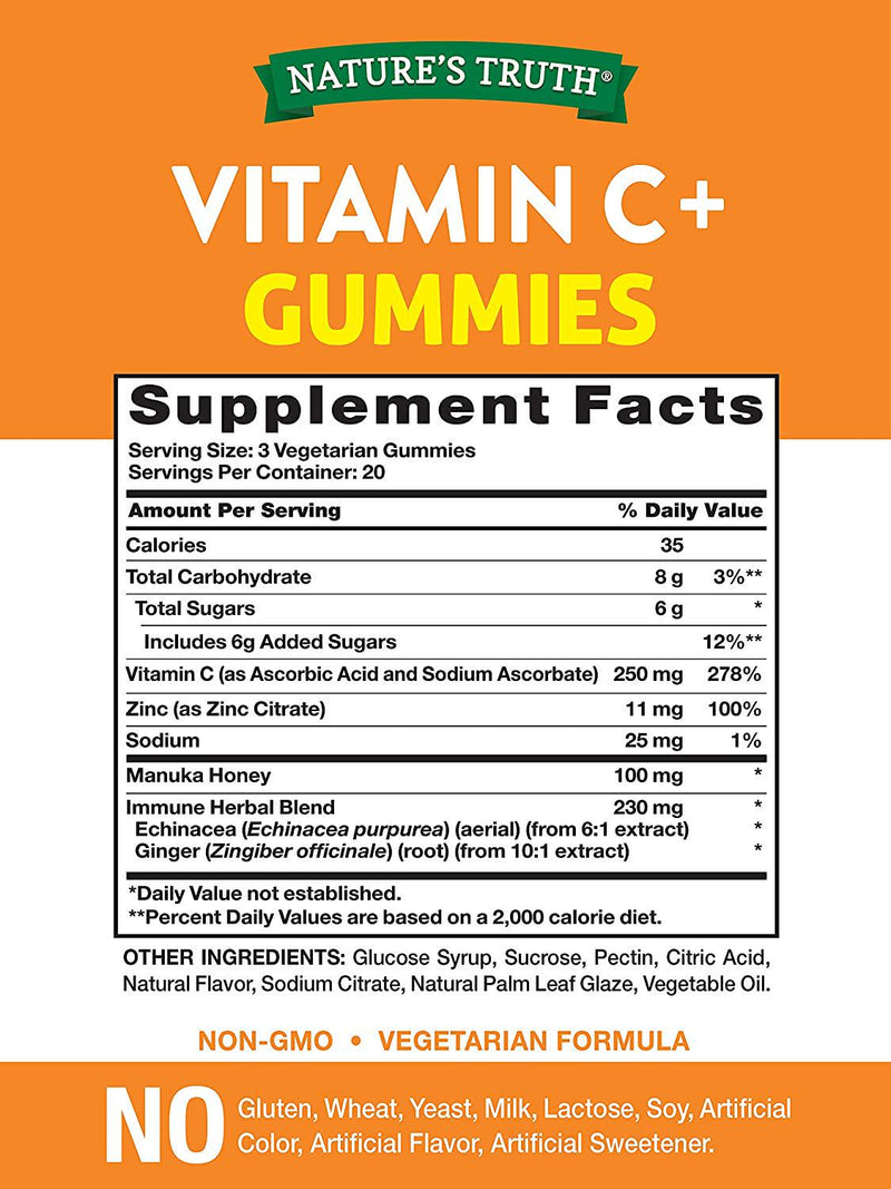 Vitamin C Immune Support Gummies | 60 count | with Zinc and Manuka Honey | Vegetarian, Non GMO and Gluten Free Supplement | Honey Lemon Flavor | By Nature&