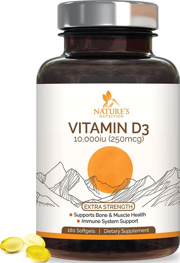 Vitamin D3 10,000 IU - Highly Concentrated D3 for Immune Support and Bone Support - USA Bottled - High Absorption, Non-GMO, Support Energy and Mood - 180 Softgels