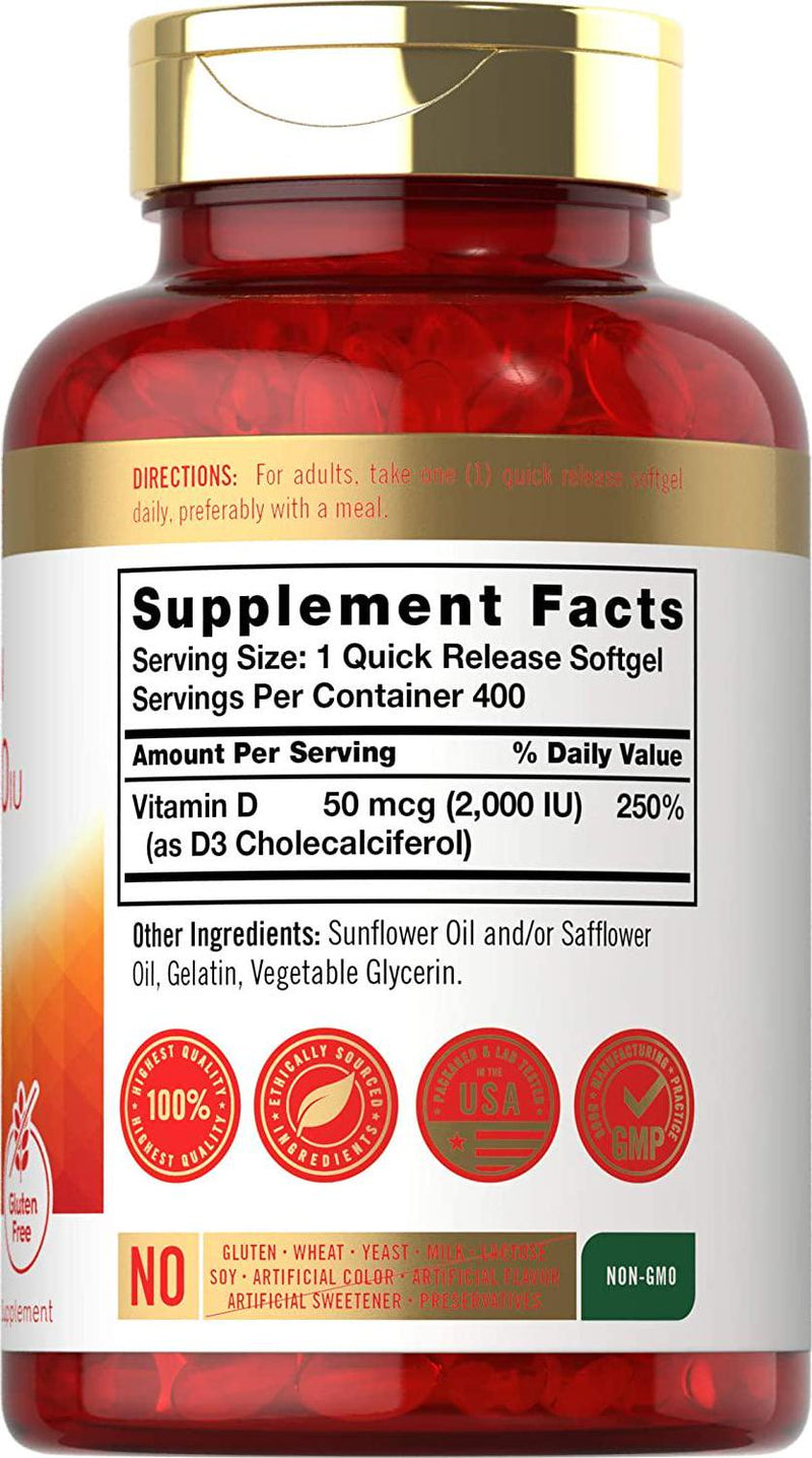 Vitamin D3 2000 IU Softgels | 400 Count | Non-GMO, Gluten Free Formula | 50 mcg | Vitamin D Supplement | by Carlyle