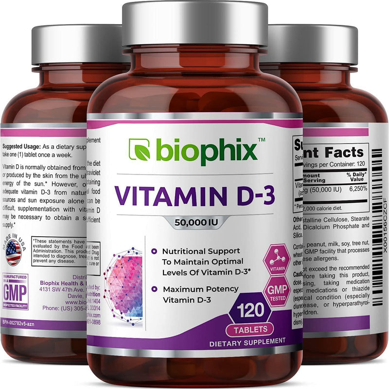 Vitamin D3 50000 IU 120 Tabs - High-Potency | Strong Bones | Immune Health | Support for K-2
