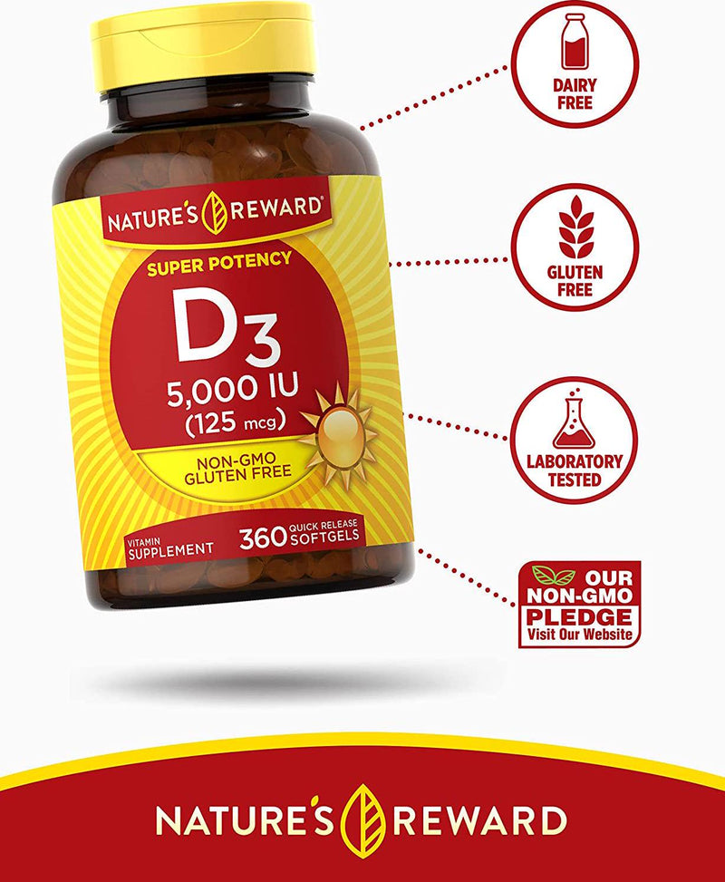 Vitamin D3-5000 IU - 360 Softgels - Non-GMO and Gluten Free Supplement - by Nature&