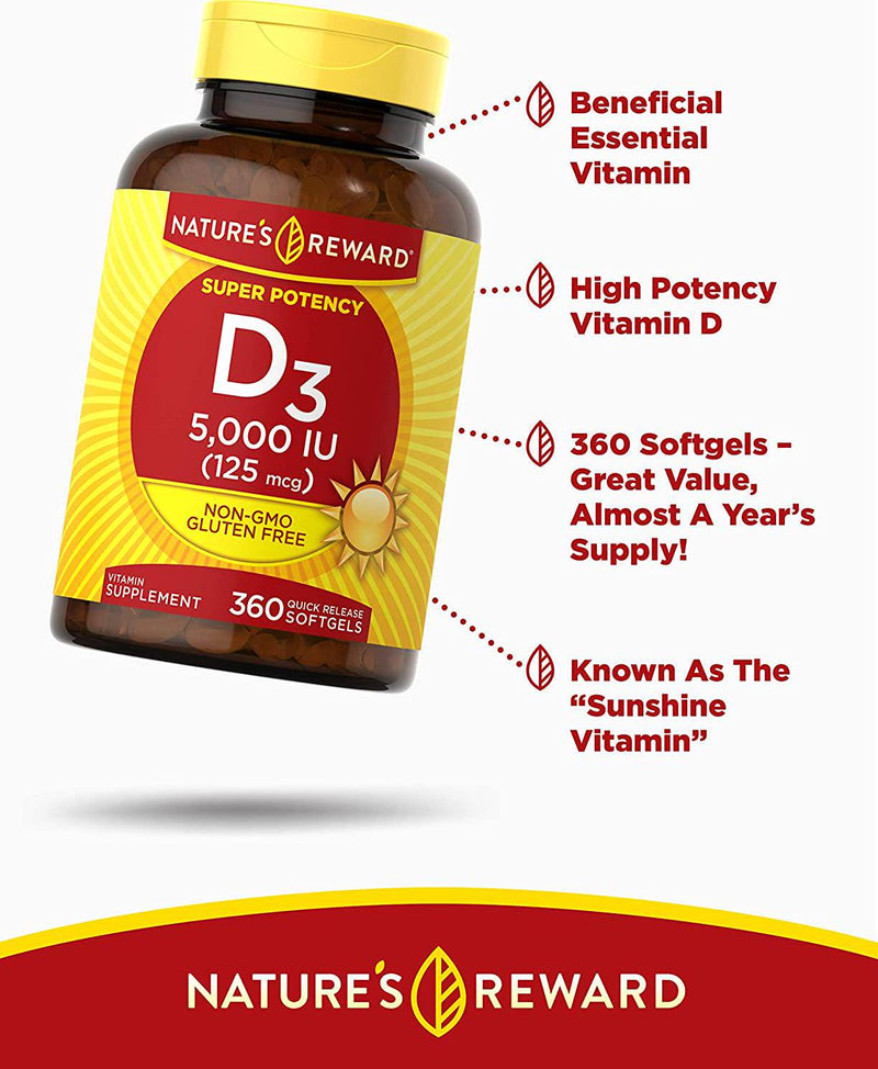 Vitamin D3-5000 IU - 360 Softgels - Non-GMO and Gluten Free Supplement - by Nature&