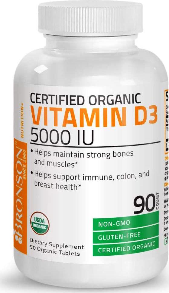 Vitamin D3 5000 IU Certified Organic Vitamin D Supplement, Non-GMO, USDA Certified, 90 Tablets