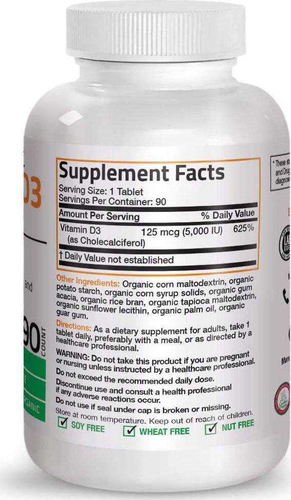 Vitamin D3 5000 IU Certified Organic Vitamin D Supplement, Non-GMO, USDA Certified, 90 Tablets