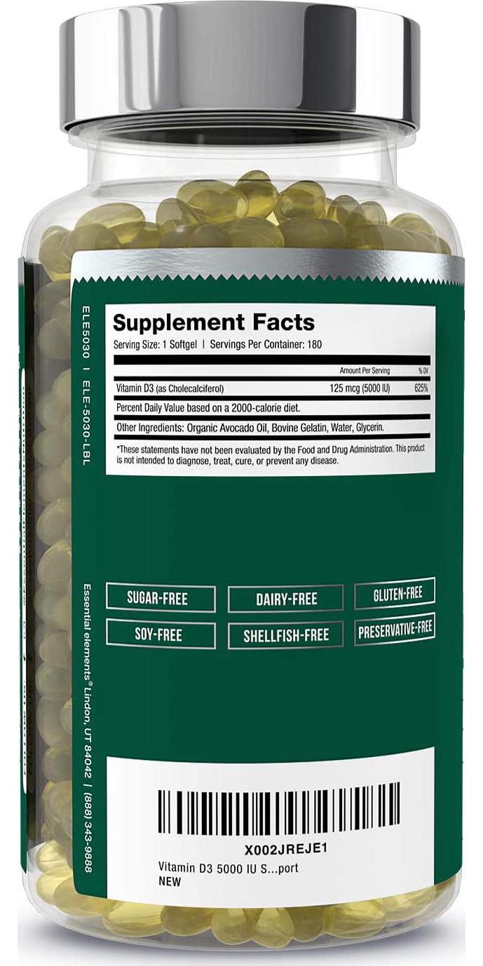 Vitamin D3 5000 IU Softgels with Organic Avocado Oil to Boost Absorption - Essential Elements | Bone, Muscle and Immune Support (2-Pack)