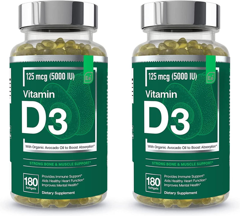 Vitamin D3 5000 IU Softgels with Organic Avocado Oil to Boost Absorption - Essential Elements | Bone, Muscle and Immune Support (2-Pack)