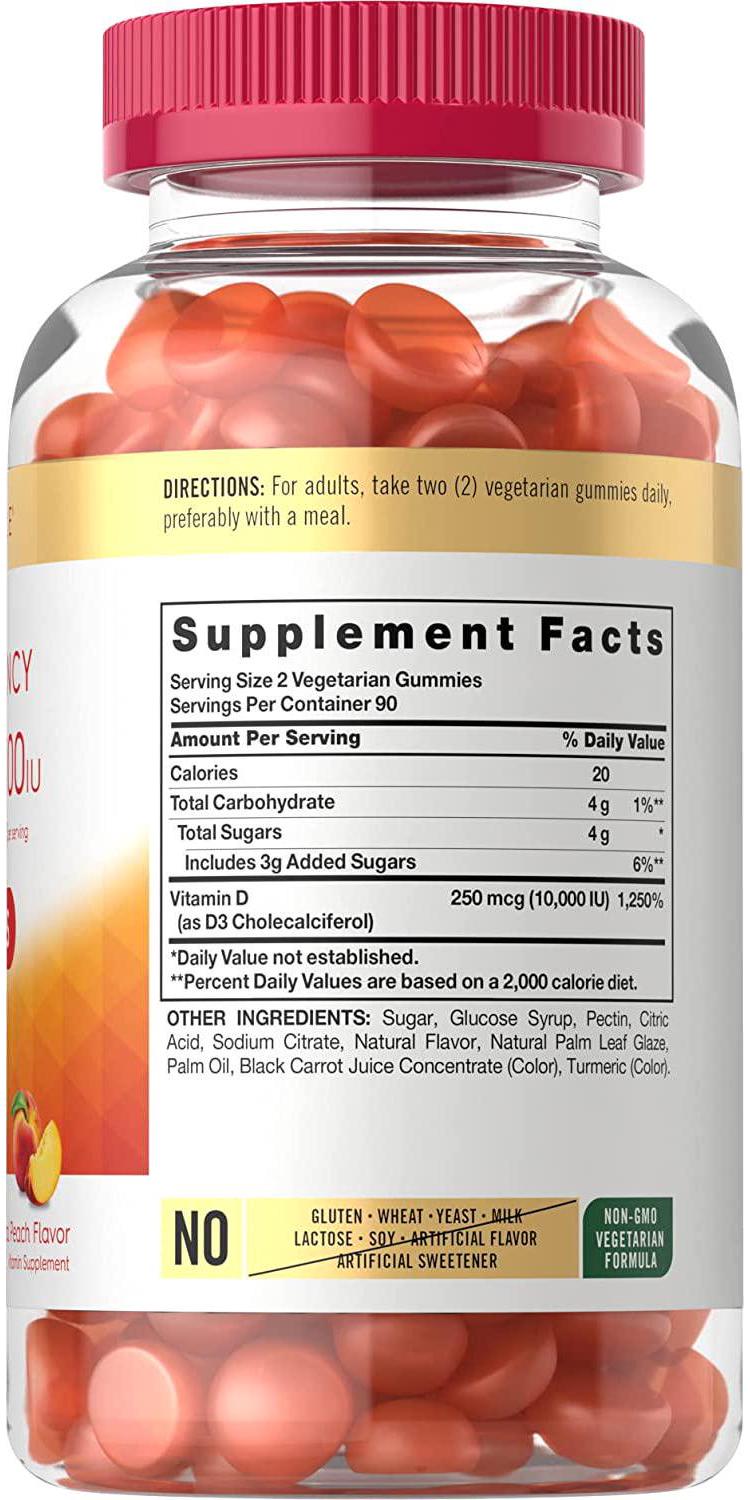Vitamin D3 Gummies | 10,000IU | 180 Count | Vegetarian, Non-GMO, and Gluten Free Formula | High Potency Vitamin D Supplement | Natural Peach Flavored Gummies | by Carlyle