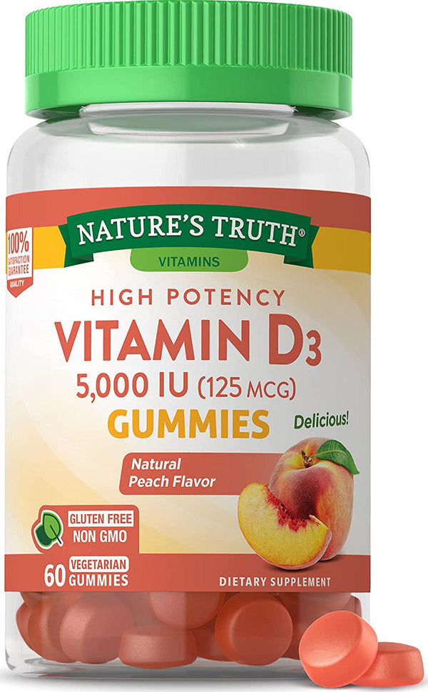 Vitamin D3 Gummies | 5000 IU | 60 Count | Vegetarian, Non-GMO and Gluten Free Supplement | Natural Peach Flavor | by Nature&#039;s Truth