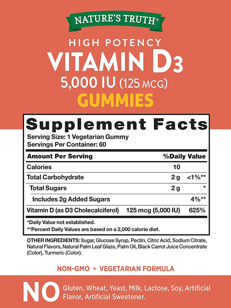 Vitamin D3 Gummies | 5000 IU | 60 Count | Vegetarian, Non-GMO and Gluten Free Supplement | Natural Peach Flavor | by Nature&
