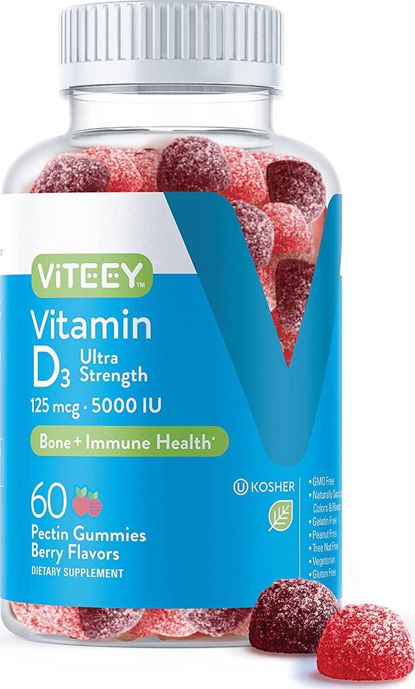 Vitamin D3 Gummies Ultra Strength 125mcg 5000 IU - Bone Health, Immune Health, Joint Muscle Support - Dietary Supplement, Pectin Chewable Gummy - for Adults Teens and Kids - Berry Flavor Jelly Chews