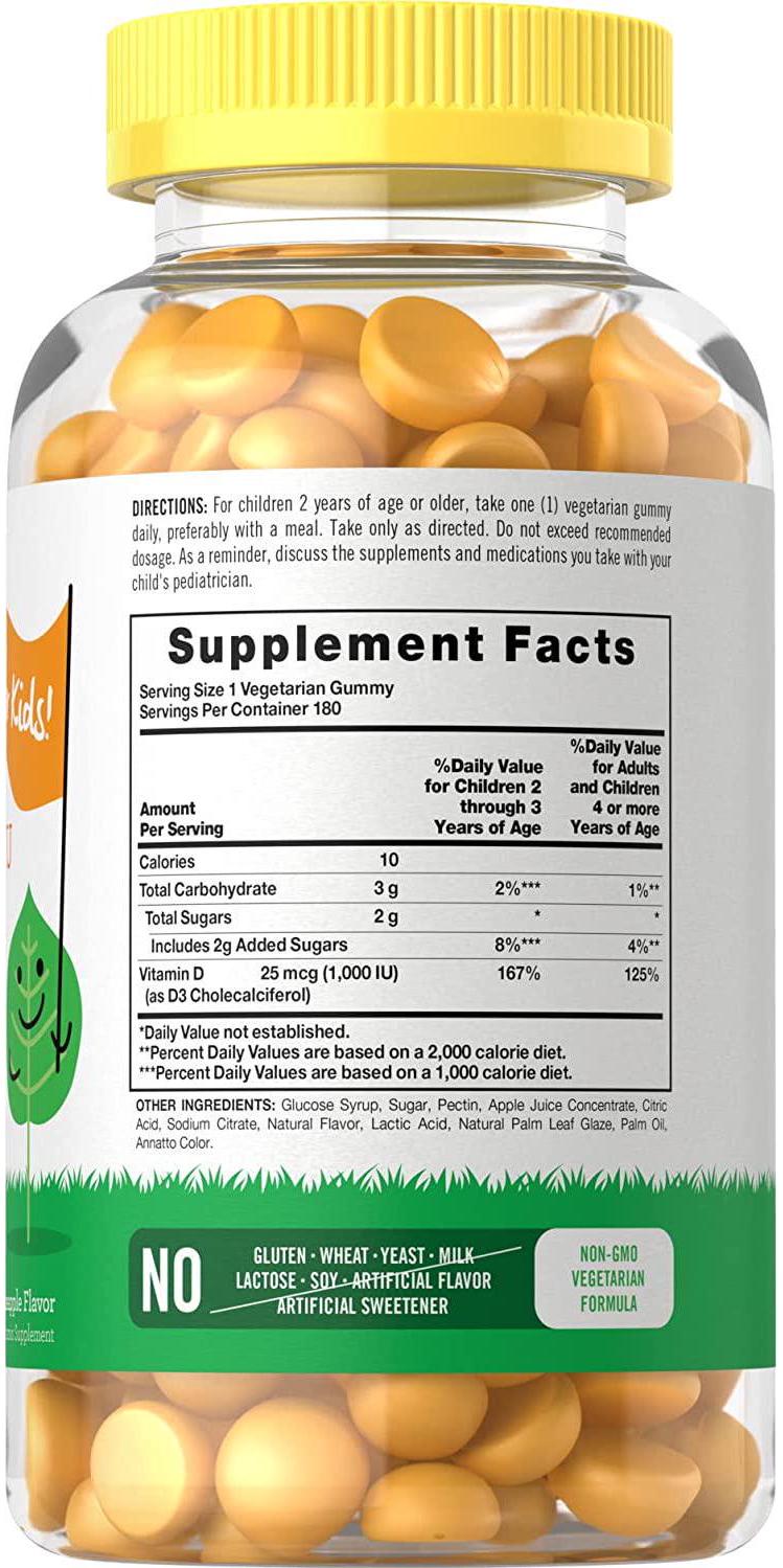 Vitamin D3 Gummies for Kids | 1000 IU (25 mcg) | 180 Count | Vegetarian, Non-GMO, and Gluten Free High Potency Formula | Natural Pineapple Flavor | by Lil Sprouts