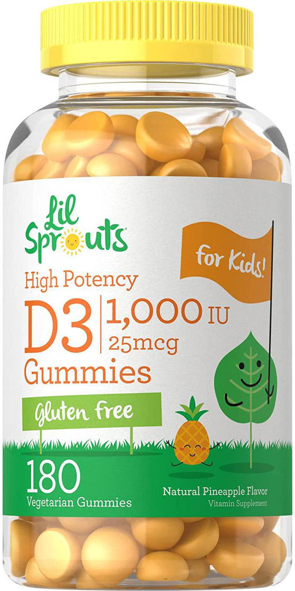 Vitamin D3 Gummies for Kids | 1000 IU (25 mcg) | 180 Count | Vegetarian, Non-GMO, and Gluten Free High Potency Formula | Natural Pineapple Flavor | by Lil Sprouts