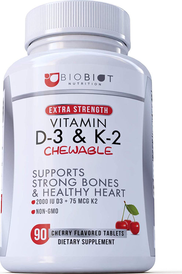 Vitamin D3 Gummies with K2 - Extra Strength (MK7) Supplement 90 Tablets - D3 2000 IU + K2 75mcg - Supports Strong Bones and Cardiovascular Health - Antioxidant - D and K Complex Formula - Men and Women