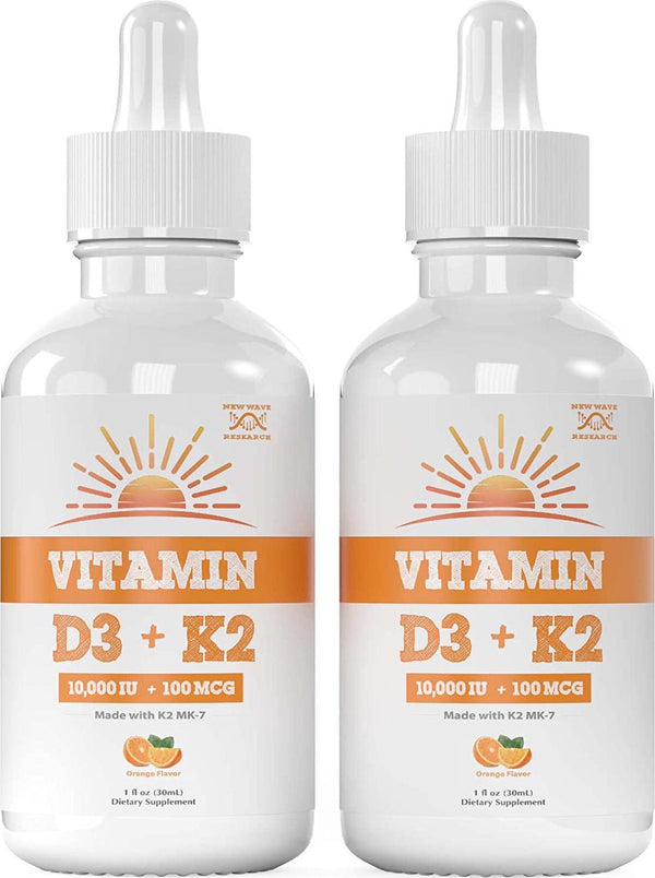 Vitamin D3 + K2 - 10,000 IU D3 - 100MCG K2 - New Wave Research - Vitamin D3 + K2 Supplement - Liquid D3 + 2K - (2 Pack)