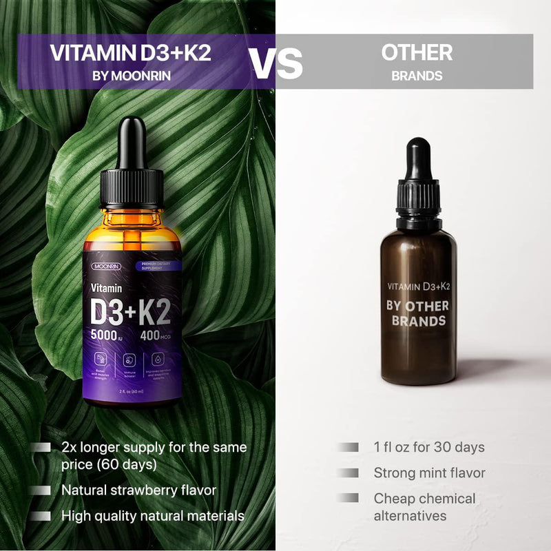 Vitamin D3 and K2 Liquid Drops with Omega 3 and MCT Oil Vitamin D 5000 IU, Vitamin K Both MK-4 and MK-7 Bones, Joints and Heart Health Supplement Rapid Absorption Strawberry Flavor