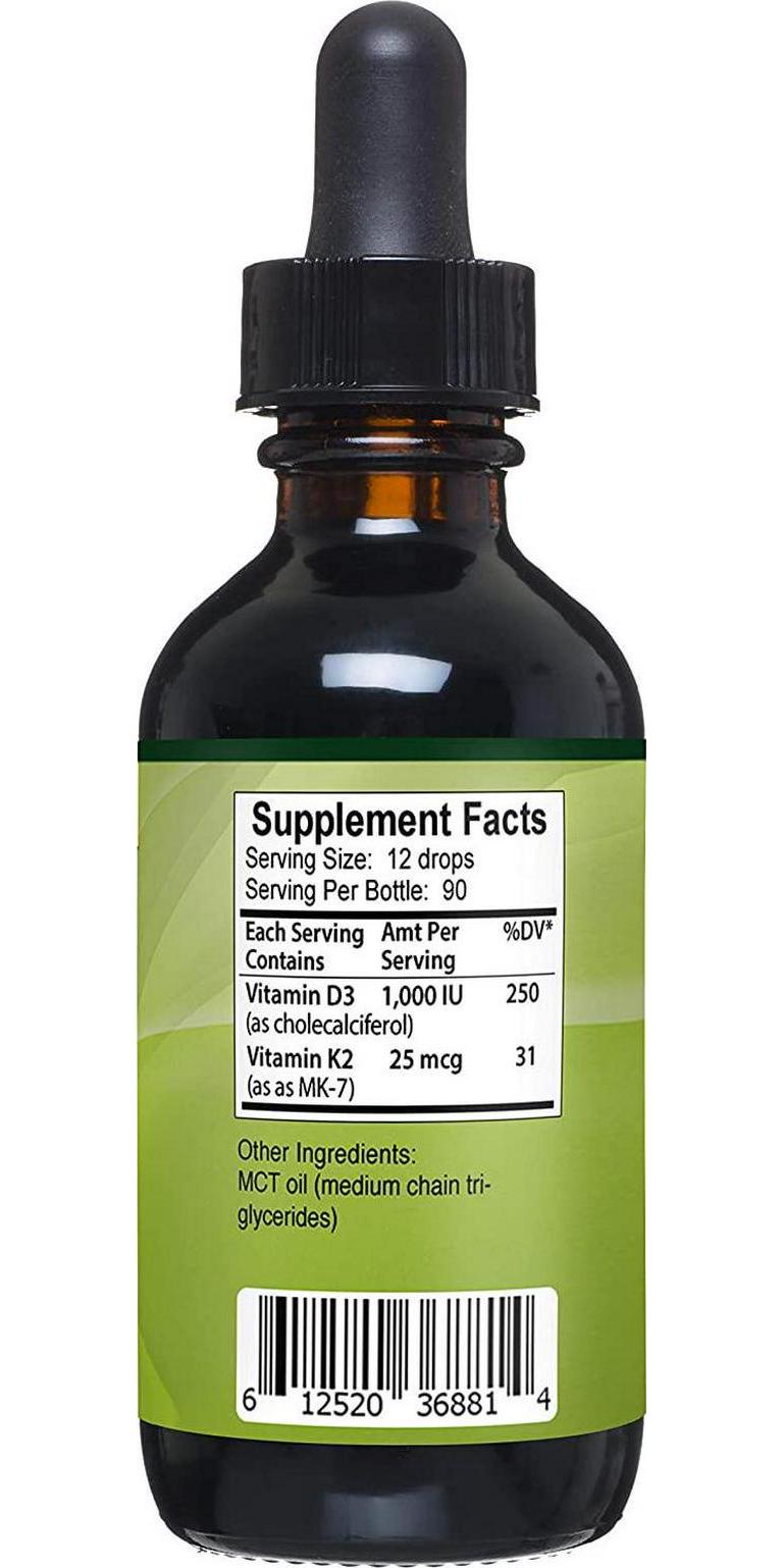 Vitamin D3 with K2 (MK-7) Potent Liquid Drops - Improve Mood, Strengthen Bones and Teeth and Boost Immune System - 1oz Bottle - Go Nutrients
